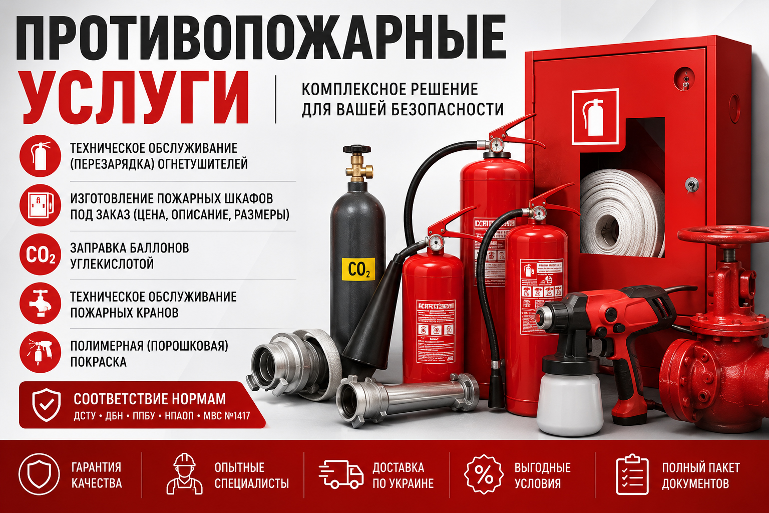 Противопожарные услуги: техническое обслуживание (перезарядка) огнетушителей, изготовление пожарных шкафов под заказ (цена, описание, размеры), заправка баллонов углекислотой, техническое обслуживание пожарных кранов, полимерная (порошковая) покраска